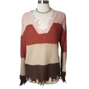 Alison Andrews Oversized Sweater M V-neck Frayed Hem Distressed Striped Coastal